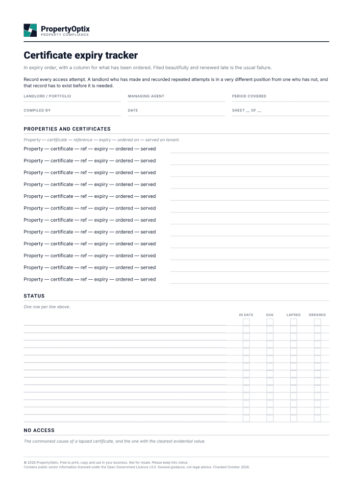 First page of the Certificate expiry tracker PDF