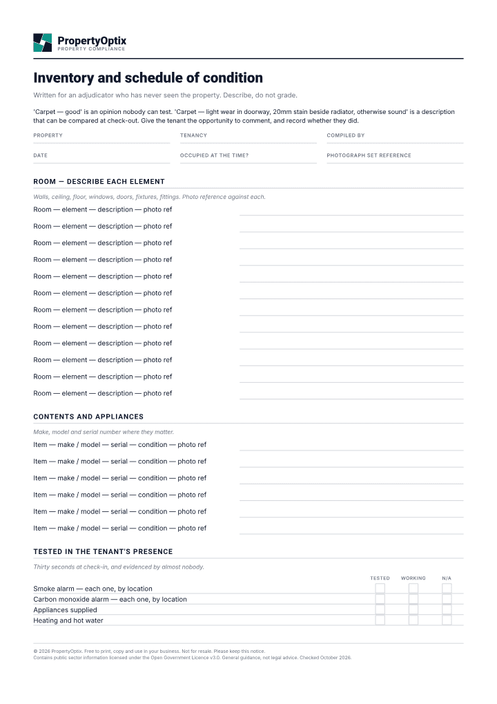 First page of the Inventory and schedule of condition PDF