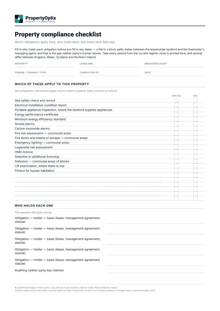 First page of the Property compliance checklist PDF