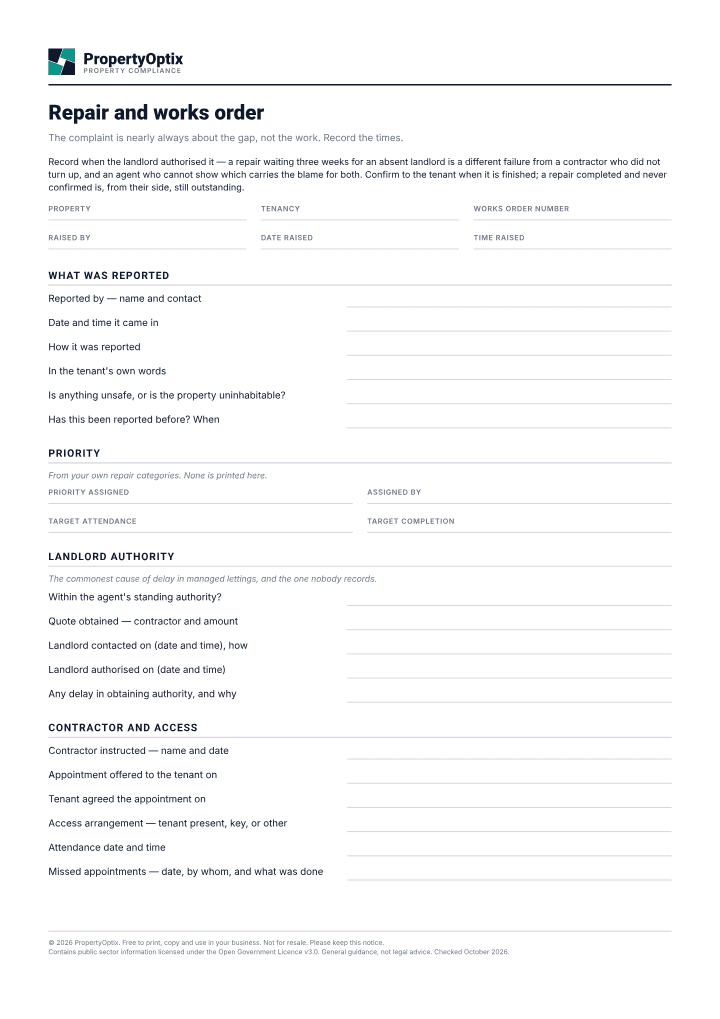 First page of the Repair and works order PDF