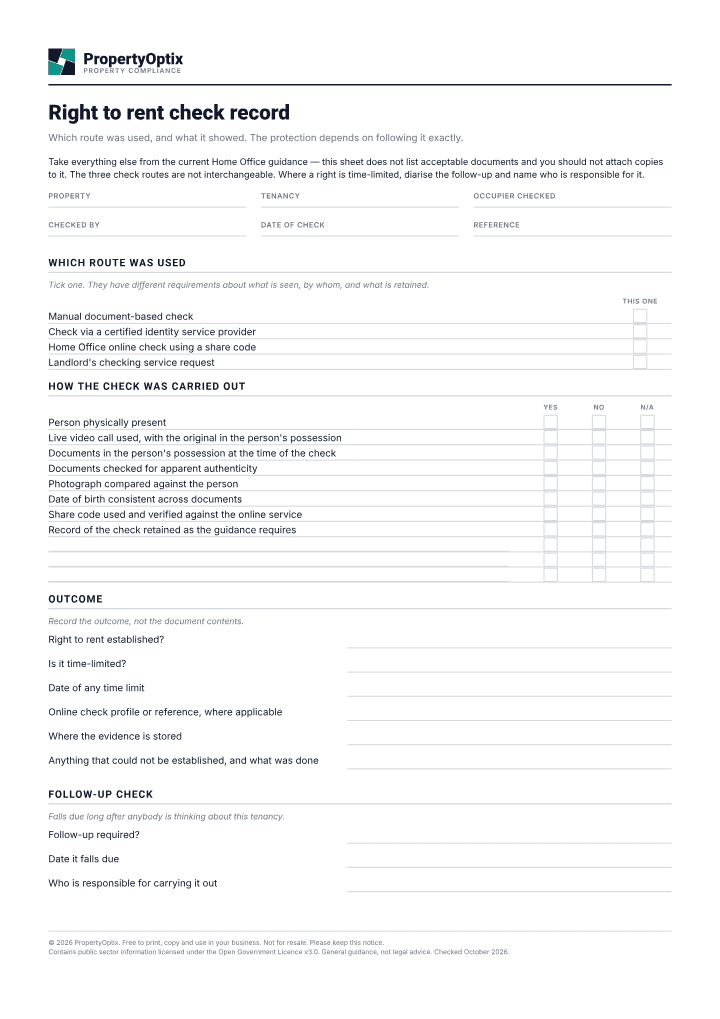 First page of the Right to rent check record PDF