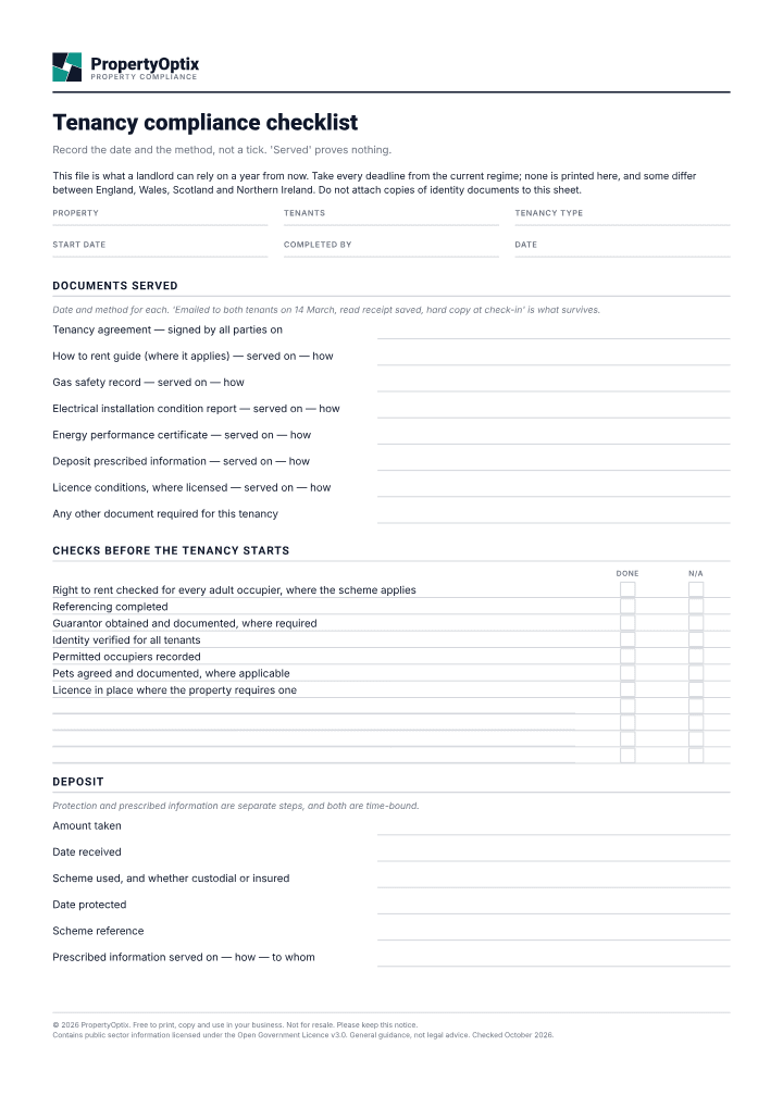 First page of the Tenancy compliance checklist PDF