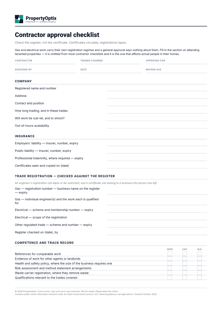 First page of the Contractor approval checklist PDF